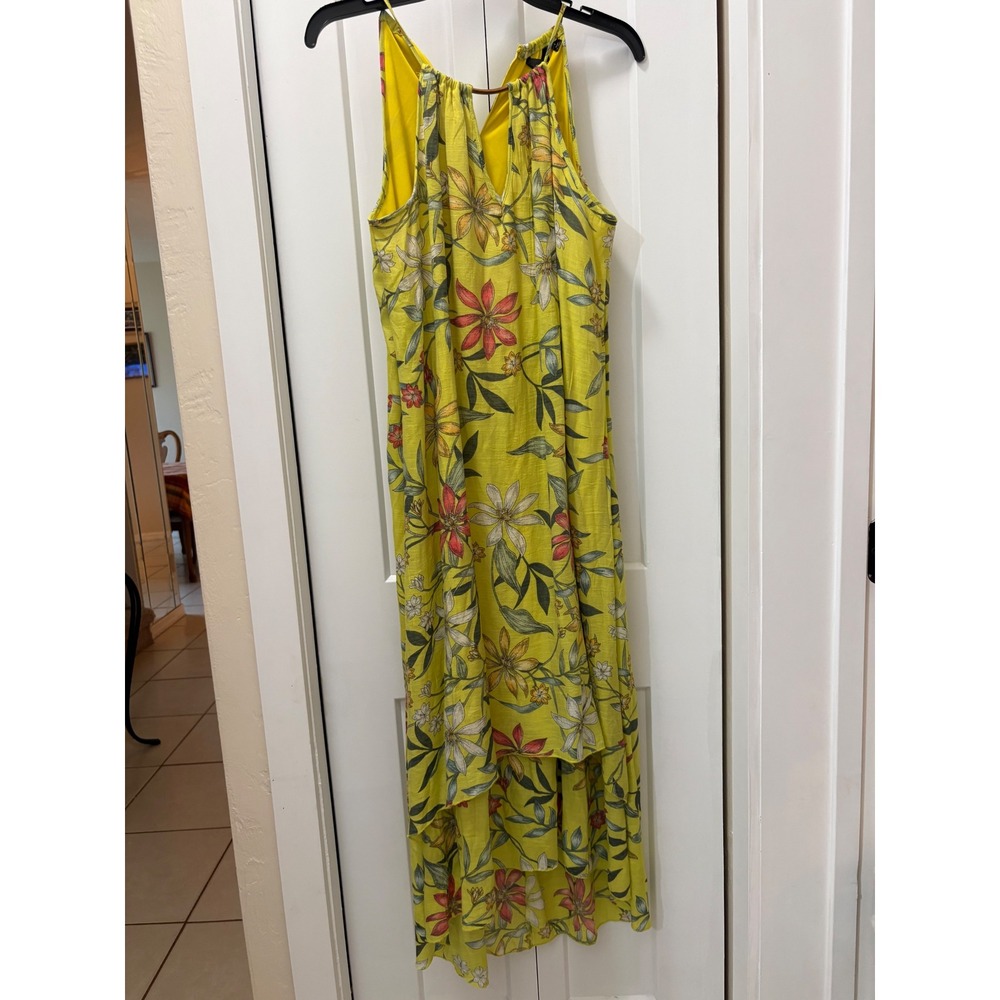 Yellow Floral High-Low Maxi Dress Halter Neck Ring Detail Summer Tropical XL